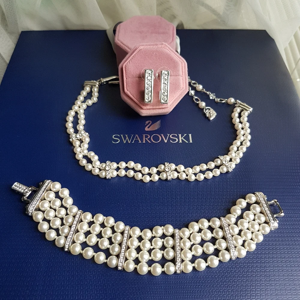 AUTHENTIC Swarovski Crystal Pearl Choker Necklace Tennis Bracelet Earrings SET - Picture 3 of 16